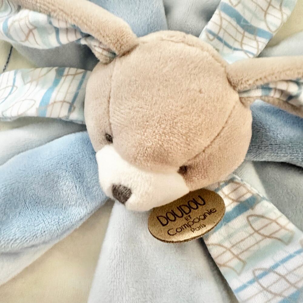 Doudou et Compagnie Blue Bunny Flower Petal Celestin Baby Lovey Security Blanket - Picture 5 of 10